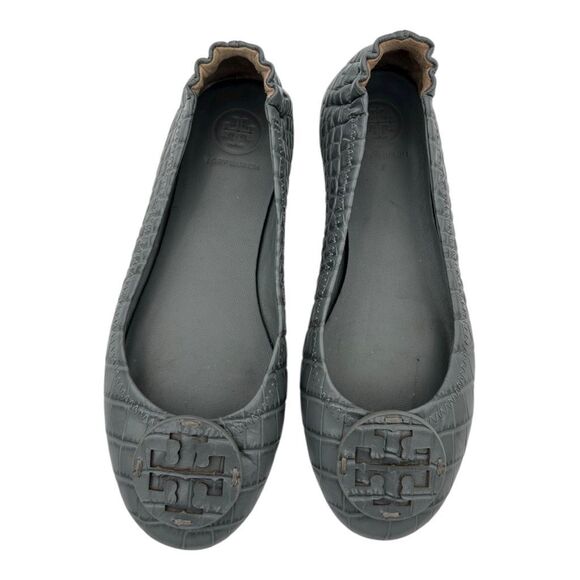 Tory Burch Women's Leather Croc Embossed Minnie Travel Ballet Flats Gray Sz 5.5 - Picture 3 of 9